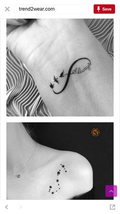 two different tattoos on the same person's neck and arm, one with an arrow