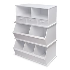 three white shelves with bins on each shelf