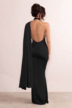 Mademoiselle Black Satin Asymmetric Scarf Neck Backless Maxi Dress – Club L London - USA Club London Dress, Black Backless Dress Formal, Backless Formal Dress, Satin Design, Stretch Satin Fabric, Prom Inspo, Deb Dresses, Club L London, Backless Maxi Dress