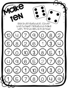 a black and white drawing of a sheet of paper that says make ten with two dices on it