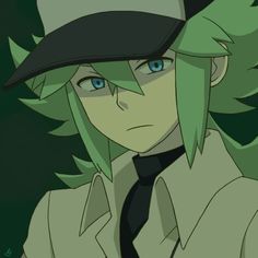 an anime character with green hair and blue eyes wearing a fedora, looking at the camera