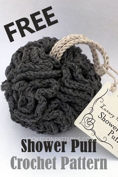 a crocheted ball of yarn with a price tag attached to it and the text, free shower puff crochet pattern