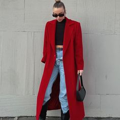 Turn-Down Collar Long-Sleeved Luxury Elegant Long Jacket Red Coat Outfit Winter, Red Trench Coat Outfit, Red Coat Outfit, Red Jacket Outfit, Fire Fashion, Vampire Style, Red Overcoat, Red Long Coat, Mantel Outfit