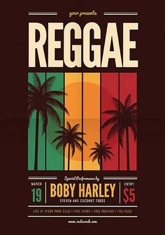 the reggae flyer is shown with palm trees