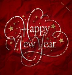 a happy new year card with stars and swirls on a red background, in the shape of a heart