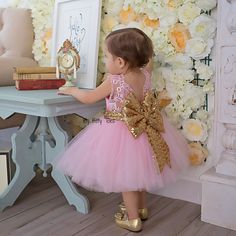 The Princess Aisha dress in Pink & Gold is pretty and sweet - just like your little girl! Fluffy layers of soft pink tulle make up the tutu skirt. Pink embroidered lace covers the cotton-lined bodice in the front. The delicate lace forms a "V" on the back. It has a lovely gold sequin sash around the waist and the large gold sequin bow on the back. The tulle, lace, sequins, and bow make the Aisha Dress a little princess Dream Dress! Lace, Tulle, Cotton Lining, Gold Sequin Fabric Sash and Bow 1st Year Birthday, Newborn Party, Baby Special Occasion Dress, Toddler Birthday Dress, Baby Party Dress, Girls Lace Dress, Girl Sleeves, Dress Christmas, Christmas Costume