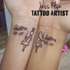 two wrist tattoos with the words sister and sister on them