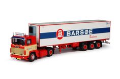 a red, white and blue semi truck with barsofe logo on the side