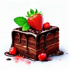 a piece of cake with chocolate icing and a strawberry on top, surrounded by cherries