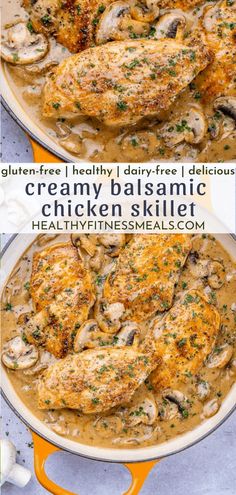 two pictures of chicken with mushrooms and gravy in a skillet