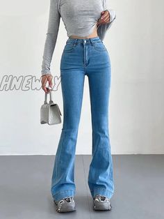 Hnewly Stretch Jeans Flared Trousers Women’s Pants Y2K Fashion High Waist Vintage Casual Baggy Blue Y2k Full Length Bottoms, Blue Y2k Full-length Bottoms, Y2k Style Mid-rise Blue Bottoms, Y2k Style Blue Mid-rise Bottoms, Y2k Blue Mid-rise Bottoms, Blue Y2k Mid-rise Bottoms, Y2k Style Full Length Blue Pants, Y2k Style Blue Full Length Pants, Y2k Blue Full-length Pants