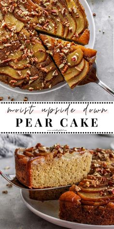 2 stacked images of pear upside down cake with slice being lifted out of cake on cake server: top image shows overhead angle and bottom image shows head on angle Pear Baked Goods, Pear Cake Gluten Free, Pears Cake, Upside Down Pear Cake, Pear Cake Recipes, Pear Upside Down Cake, Pear And Almond Cake, Upside Down Cake Recipe