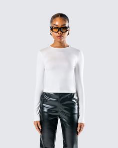 Nothing screams “timeless basic” like a white long sleeve top 🤍 With a versatile style and sleek fit, this piece is made from stretch jersey fabric and complete with a bodycon fit and a crew neck design 😌 Trendy Fitted Long Sleeve Top, Fitted Long Sleeve Crew Neck Top In Elastane, Sleek White Stretch Top, Sleek White Fitted Top, White Fitted Long Sleeve Top, Trendy Style, Fitted White Long Sleeve Top Trendy, Fitted White Long Sleeve Top, Trendy White Fitted Long Sleeve Top, Fitted Crew Neck Long Sleeve Top For Night Out