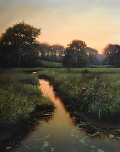 an oil painting of a river running through a lush green field