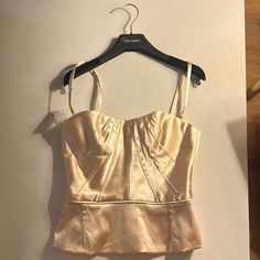 New With Tags. Cream Silk Party Tops, Luxury Beige Summer Tops, Gold Silk Evening Top, Gold Silk Top For Evening, Beige Satin Fitted Top, Fitted Beige Satin Top, Beige Silk Top For Parties, Beige Silk Party Tops, Beige Silk Tops For Party