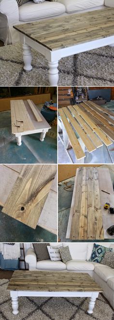 this is an image of a coffee table made out of pallets and wood planks