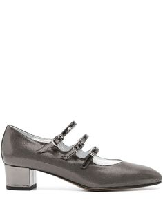 gunmetal grey calf leather patent textured finish three buckle-strap fastenings square toe branded insole block heel leather outsole Patent Leather Mary Janes With Ankle Strap And Buckle, Carel Kina, Spring Silver Mary Jane Heels, Silver Carel Shoes, Patent Leather Mary Janes With Buckle Closure, Mary Jane T-strap Heels With Buckle Closure, Carel Paris, Silver Pumps, Mary Jane Pumps