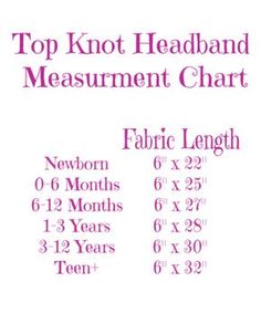 the top knot headband measurement chart is shown in pink and white, with numbers for each