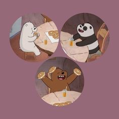 three cartoon pictures of bears and pandas eating at a dinner table with drinks in front of them