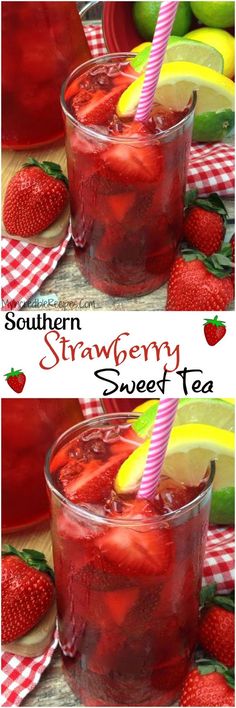 two pictures with strawberries and lemons in them, one has a pink striped straw