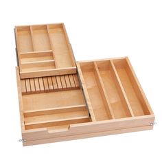 two wooden drawers with dividers on each side and an open drawer in the middle