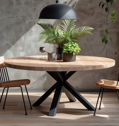 a wooden table with two chairs and a potted plant on the table next to it