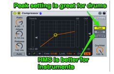 the text reads, peak setting is great for drums rms is better for instruments