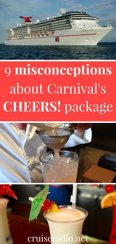 cruise ship and drinks with text overlay saying 9 misconceptions about carnival's cheers package