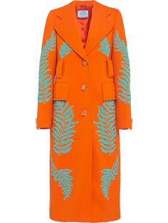 Shop orange Prada Fern motif beaded long coat with Express Delivery - Farfetch Ladies Coat Design, Orange Coat, Midi Skirt Pattern, Orange Floral Dress, Black Wardrobe, Prada Fashion, Embroidered Coat, All Black Looks, Coat Design