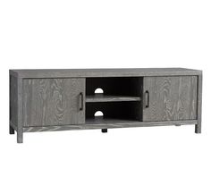 an entertainment center with two shelves and one shelf on each side, in grey wood