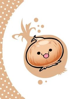 an onion with a happy face on it's head is in front of a polka dot background