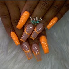 Contrast Nail Designs, Green And Orange Nails Art Designs, Tangerine Nails Acrylic, Neon Coral Nails Acrylic, Orange Ballerina Nails, Orange Coffin Nail Ideas, Nail Designs Bright Colors, Orange Acrylic Nails Designs, Orange Yellow Nails