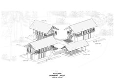 an architectural drawing of three houses in the woods