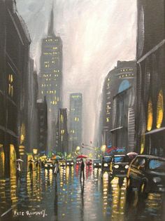 an oil painting of people walking in the rain on a city street with cars and umbrellas