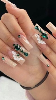 Sweet 16 Nails, Quince Nails, Quinceanera Nails, Emerald Nails, Green Acrylic Nails, Summer Nail Art, French Tip Acrylic Nails, Long Acrylic Nails Coffin, Acrylic Nails Coffin Pink