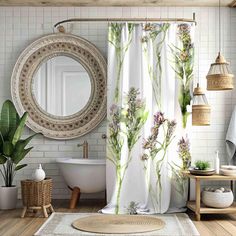 a bathroom with a shower curtain, mirror and rug in the floor next to it