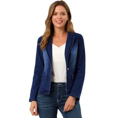 Designed with a notch lapel collar and princess line, this ageless piece is the perfect insert to your workwear collection. Classic yet utilitarian style defines this button-front jacket made of washed denim with just a hint of stretch. The denim blazer has a timeless wash and button front. Pair it with the matching pants for a complete look! Denim Blazer Jacket, Black Faux Fur Jacket, Princess Line, Utilitarian Style, Ladies Blazer, Stretch Denim Fabric, Button Long Sleeve, Blazer Blue, Ageless Style