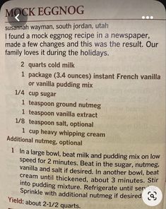 a menu listing the ingredients for an eggnog recipe