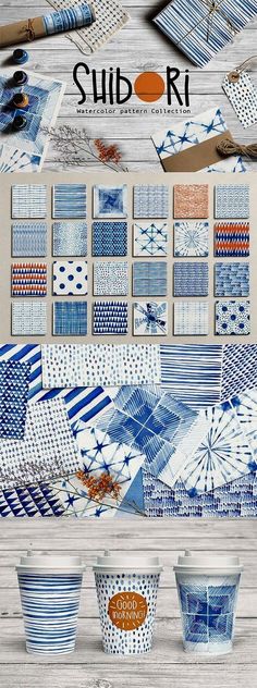 some blue and white paper with different designs on it