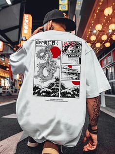 Blanco Casual Collar manga corta Tela tejida Animal,Letras  Embellished Elástico Ligero Japanese T Shirt Design, Streetwear Fashion Tshirt, Japanese Fashion Summer, Japanese Letter, Japan Streetwear, Dragon Graphic, Japanese Tshirt, Drop Shoulder Tee, Guys Clothing Styles