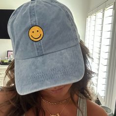 New With Tag Casual Smiley Face Hat With Curved Brim, Adjustable Cotton Hat With Smiley Face, Blue Washed Hat With Curved Brim, Casual Yellow Hat For Spring, Blue Washed Summer Hat, Casual Yellow Hats With Curved Brim, Casual Yellow Hat With Curved Brim, Casual Yellow Curved Brim Hat, Trendy Blue Baseball Cap For Spring