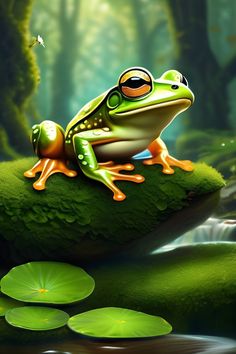 a frog sitting on top of a green leaf next to lily pads and water lilies