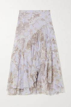 Erdem's 'Harlow' midi skirt is made from swathes of silk-georgette that fall in tumbling ruffles through the asymmetric front. The delicate floral-print looks like it's been hand-drawn and takes inspiration from the work of influential society florist, Constance Spry, who created arrangements for the royal family during the '40s and '50s. It looks especially elegant styled with the matching blouse. Asymmetrical Hem Floral Print Skirt, Flowy Floral Print Skirt With Asymmetrical Hem, Floral Print Flowy Skirt With Asymmetrical Hem, Formal Summer Skirt With Floral Print, White Asymmetrical Floral Print Skirt, White Floral Print Asymmetrical Skirt, White Asymmetrical Skirt With Floral Print, Feminine Silk Skirt With Floral Print, Silk Skirt With Floral Print