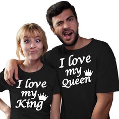 I Love My King I Love My Queen Matching Shirt, King And Queen Couples Tees, Gifts For Boyfriend And Girlfriend, Honeymoon Couples T-shirt A T-shirts with a print will be the perfect funny gift idea!  HOW TO ORDER  1. Select the shirt style 2. Select the size (We suggest you choose the size you usually wear) 3. Select the shirt color 4. Select the quantity, Please buy carefully, each product is made to order. If you have question, please send us a message. We would be happy to help you :D  SPECIFICATION  T-shirt made of 100% high quality soft cotton Weight 150-185g/m2 The prints are vinyl  CARE INSTRUCTIONS  Turn the shirt inside out before washing do not bleach, do not dry clean, wash with similar items, do not iron directly on the design. In our store you will find things for many occasio Black Top With Funny Text For Valentine's Day, Funny Text Black Top For Valentine's Day, Funny Letter Print Tops For Valentine's Day, Couples Cotton Tops With Letter Print, Funny Valentine's Day Tops With Letter Print, Boyfriend Ans Girlfriend Matching Shirts, King Of The Birthday Queen Shirt, King And Queen Hoodies Couple, King And Queen T Shirts Couple