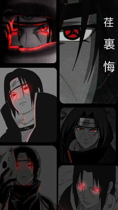 some anime characters with red eyes and black hair