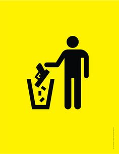 a man throwing garbage into a bin in a yellow square sign with the word trash on it