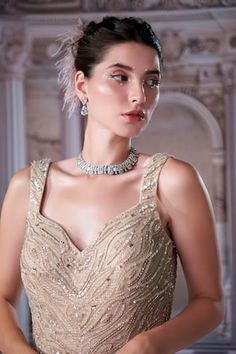 Champagne fish cut hem gown with all over sequins, beads embroidery in abstract pattern. - Aza Fashions Fish Cut Gown, Fish Cut, Aphrodite Goddess, Beads Embroidery, Ladies Gown, Gowns Online, Sweetheart Neck, Aphrodite, Aza Fashion