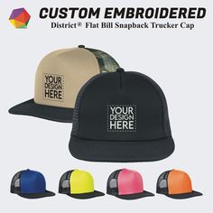 💌 Do not hesitate to contact us if you have any questions or want further customization! -------------------------------------------------------- Product Attributes District® Flat Bill Snapback Trucker Cap. Materials Fabric: 100% polyester foam Structure: Structured Profile: High profile Closure: Plastic snapback -------------------------------------------------------- SHIPPING DETAILS We offer FREE shipping within the United States. We ship via UPS and USPS Please make sure that your mailing address is correct! If you are an international customer, please contact us for a shipping quote before placing your order Customizable Trucker Baseball Cap With Flat Bill, Customizable Black 5-panel Hat, Customizable Trucker Snapback Hat With Flat Bill, Customizable 5-panel Snapback Hat, Customizable Trucker Snapback With Flat Bill, Custom Embroidered Snapback Trucker Hat, Custom Logo Trucker Cap, Customizable Flat Bill Trucker Hat, Customizable Trucker Baseball Cap With 5-panel Design