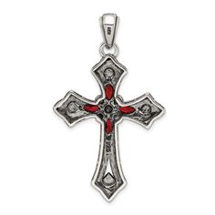 Solid Sterling Silver Polished Antique Finish Red Cubic Zirconia and Marcasite Open Back Cross Pendant Average Weight 6.21 gm, Width of Item 31 MM Red Victorian Sterling Silver Jewelry, Victorian Red Sterling Silver Jewelry, Red Sterling Silver Jewelry With Polished Finish, Red Oxidized Jewelry For Gifts, Red Oxidized Finish Jewelry For Gifts, Antique Red Sterling Silver Jewelry, Ornate Red Sterling Silver Jewelry, Vintage Red Cross Jewelry, Necklace Fine Jewelry