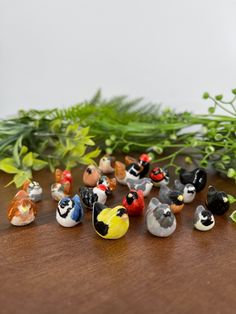 there are many small toy animals on the wooden table next to some plants and leaves